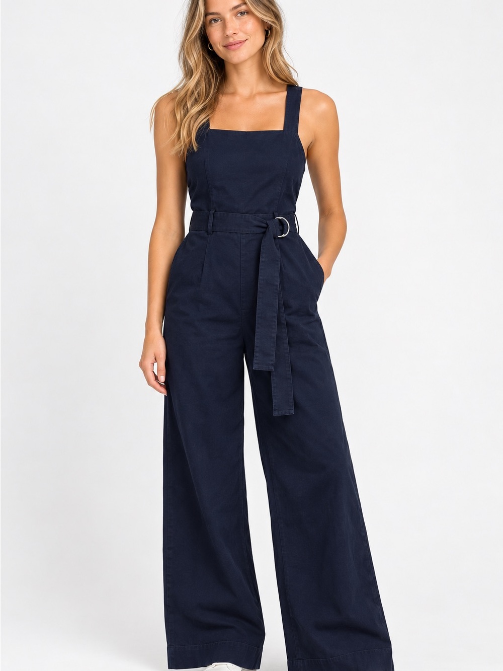 Abercrombie & Fitch Navy Square-Neck Wide-Leg Chino Jumpsuit with Belt Medium P